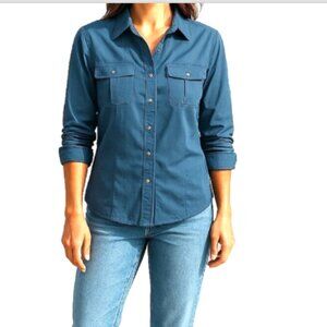 Coral Bay Women's Blouse sz PS Top Button Front Roll Tab Sleeves Dusty Blue EUC